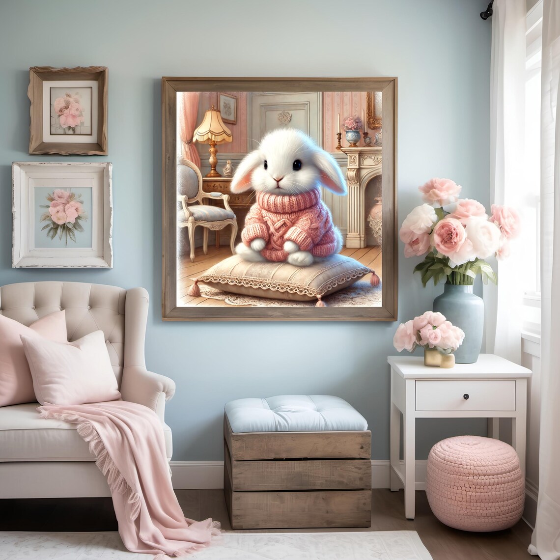 Whimsical Bunny In Cozy Pink Knit Sweater Vintage Nursery Room Poster - Image 2