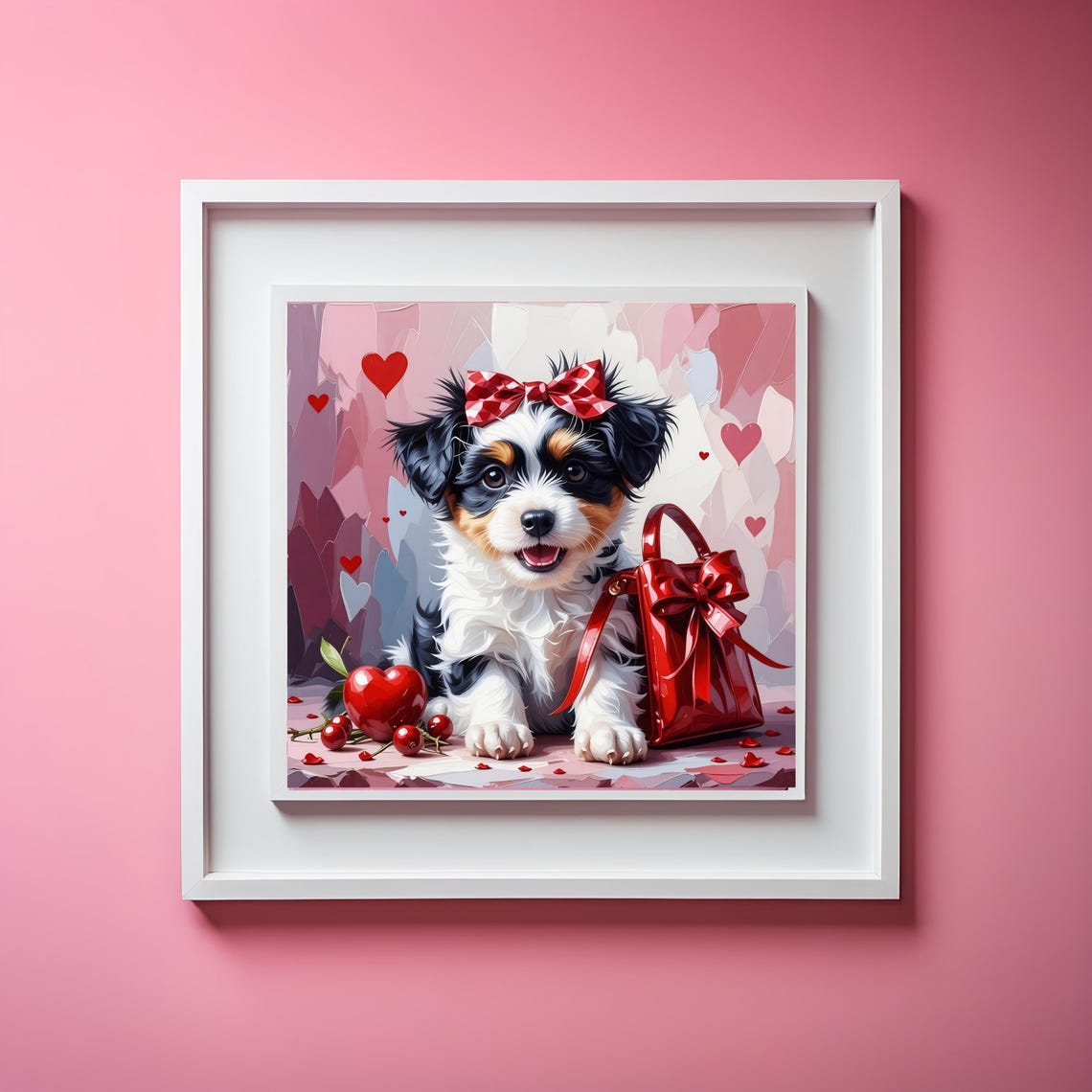 Cute Puppy With Red Gift Bag Hearts Adorable Valentines Day Print - Image 3