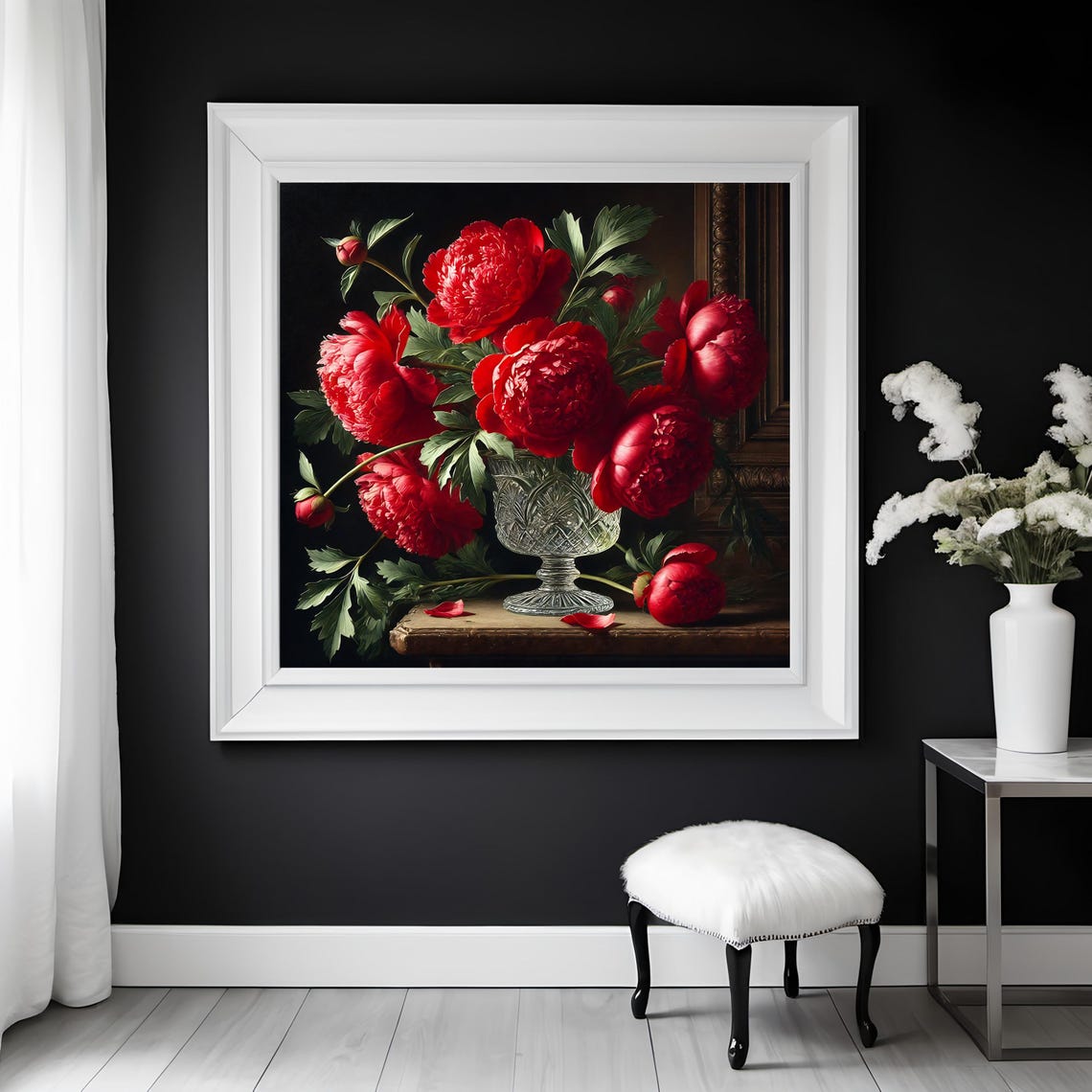 Vibrant Red Peonies in Crystal Vase Dark Floral Still Life Poster - Image 3