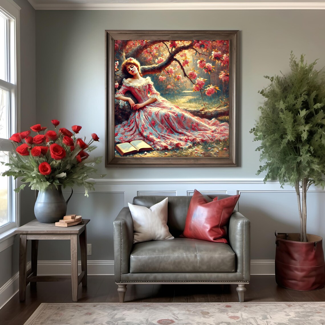 Woman In Pink Gown Reading Book Under Blossom Tree Dreamy Poster - Image 3