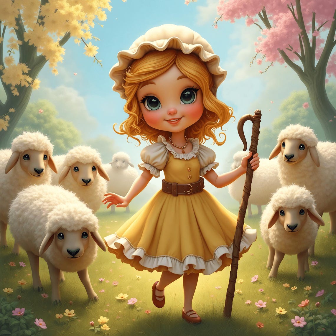 Little Bo Peep Sweet Shepherdess With White Sheep Spring Art Poster