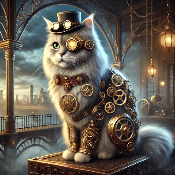 Victorian Steampunk Cat Top Hat Goggles Clockwork Gears Portrait Print