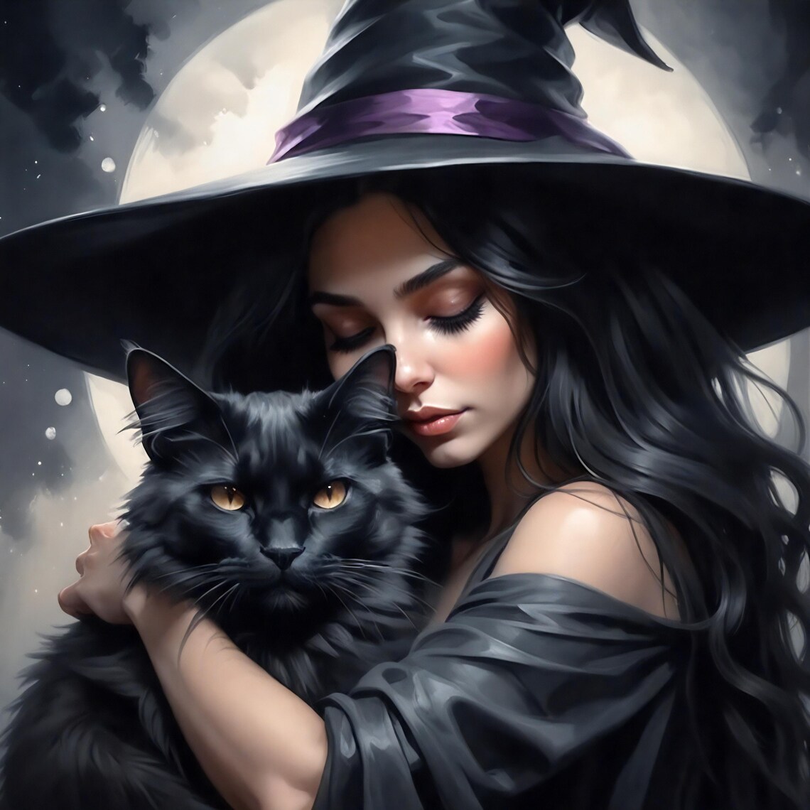Gothic Witch Embracing Black Cat Moonlit Purple Hat Halloween Decor Wall Art - Image 3