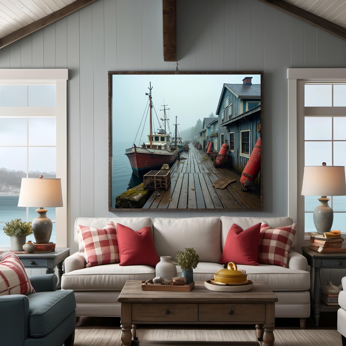 Rustic Foggy Wharf With Vintage Boats, Wall Art Print - Image 3