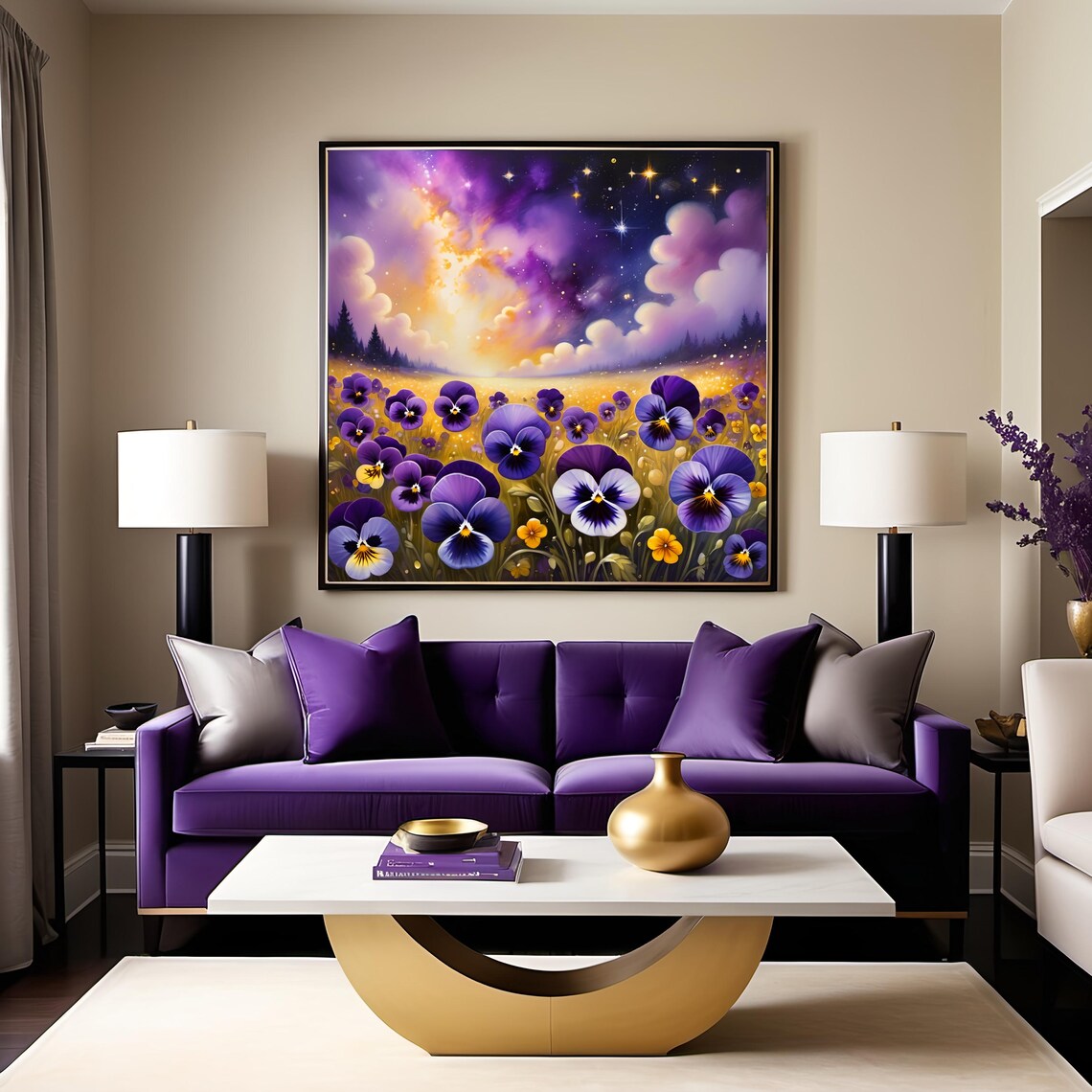 Pansy Meadow Under Starry Sky, Floral Art Print - Image 3