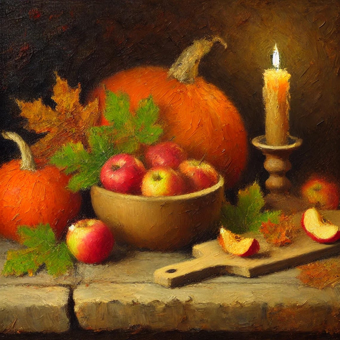 Rustic Fall Still Life Pumpkins Apples Bowl Lit Candle Dark Oil Poster