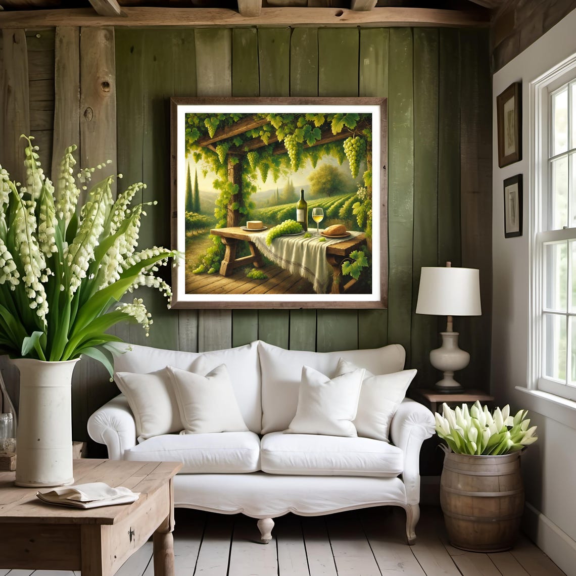 Rustic Vineyard Pergola Table with Wine and Grapes Summer Wall Art - Image 3