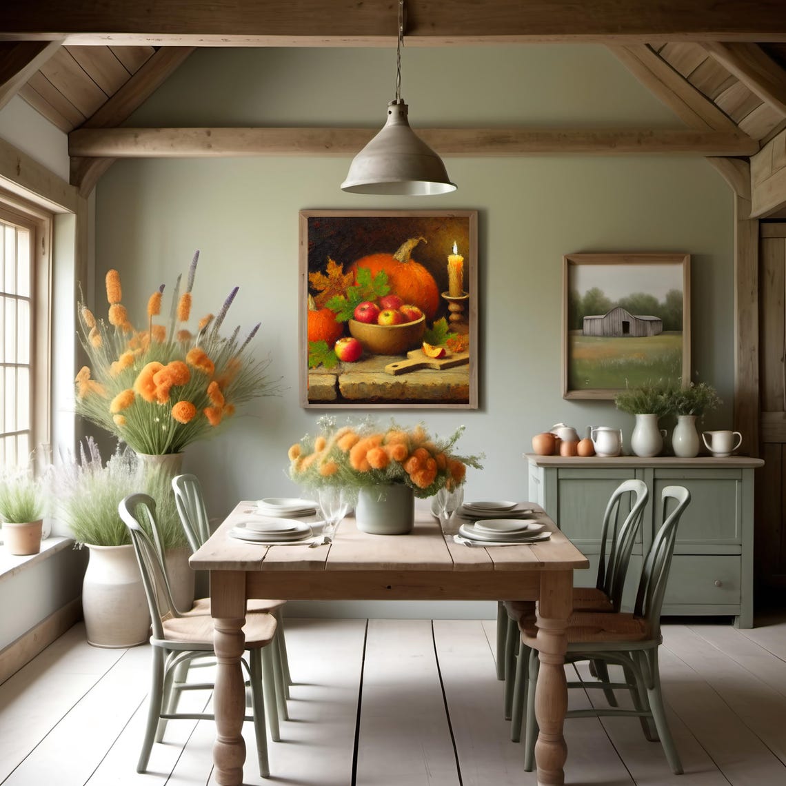 Rustic Fall Still Life Pumpkins Apples Bowl Lit Candle Dark Oil Poster - Image 2