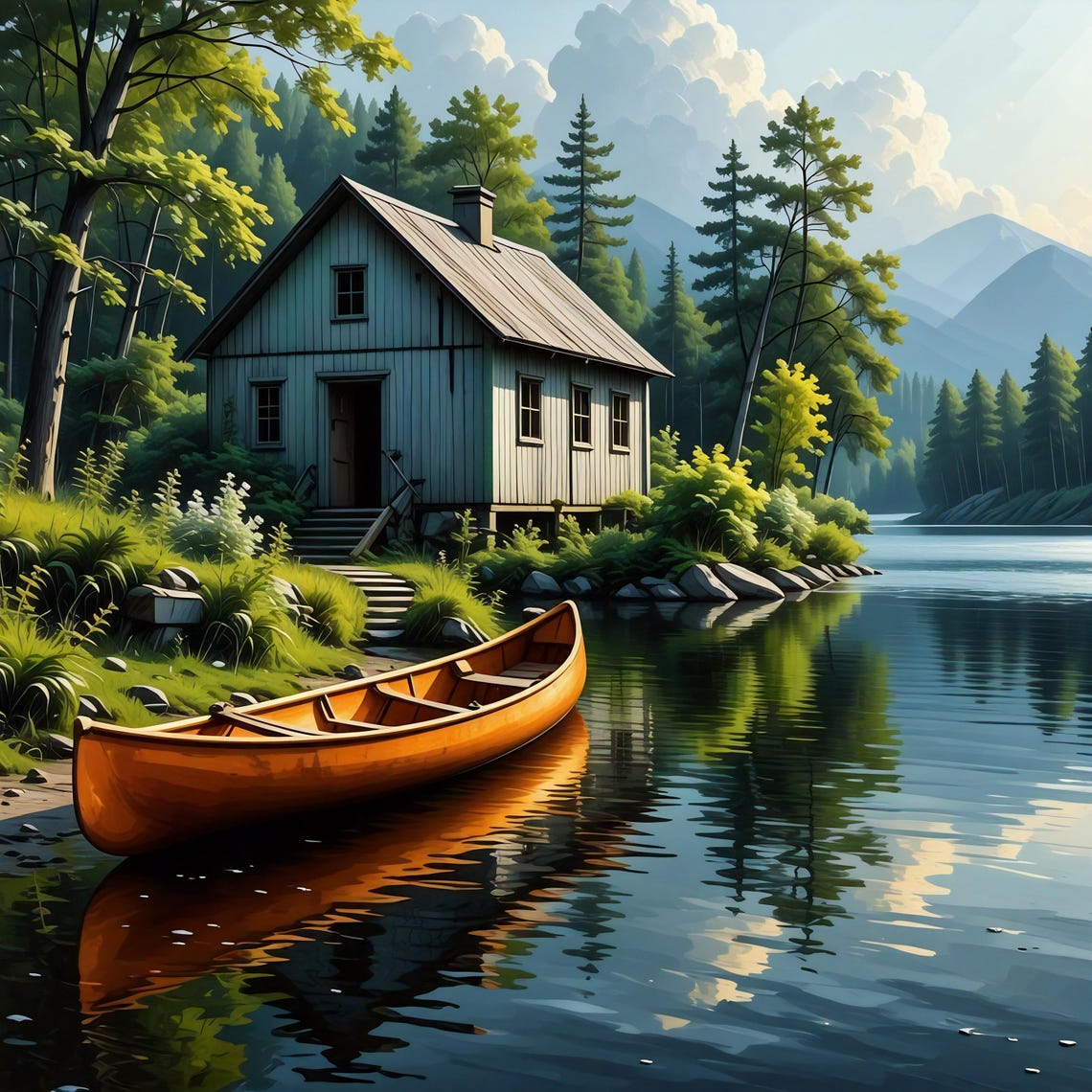 Rustic Lakeside Cabin Golden Canoe Serene Mountain Lake Art Print