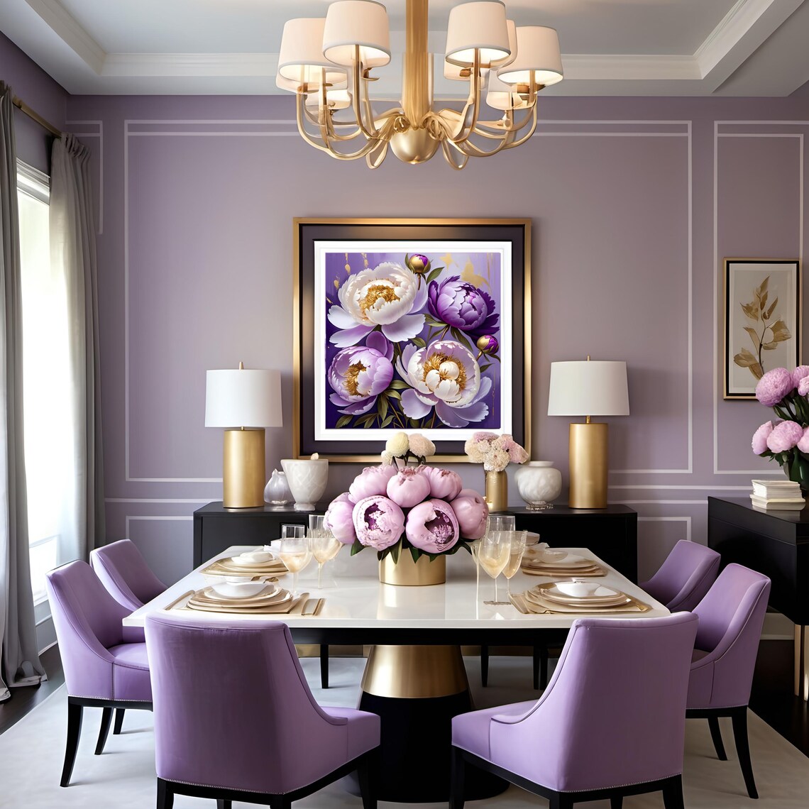 Purple White Peony Blooms Gold Accent Lavish Floral Art Poster - Image 3