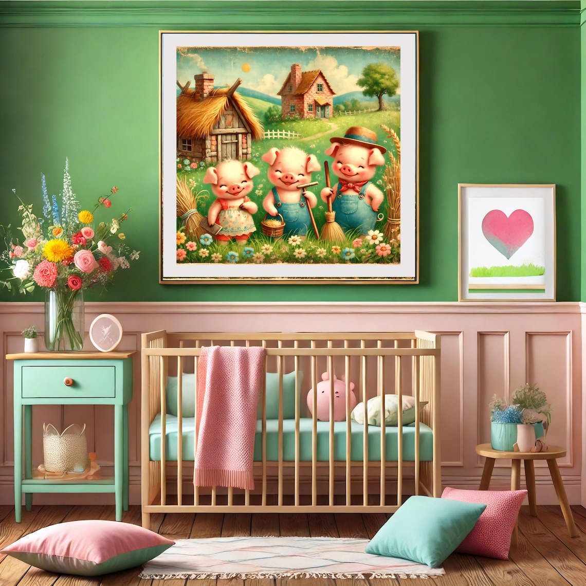 Three Little Pigs Building Their Straw Stick And Brick Houses Poster - Image 3