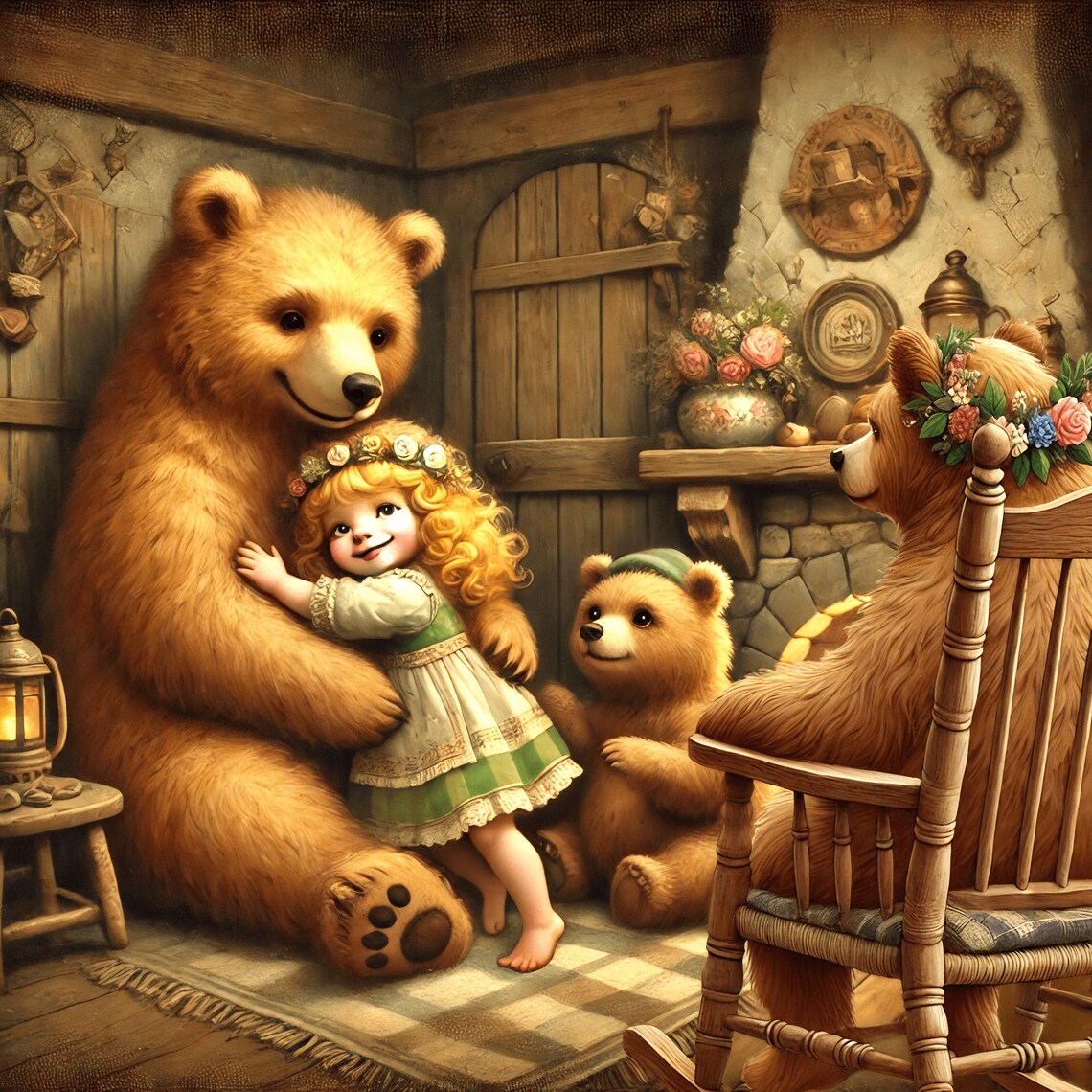 Goldilocks Befriending The Three Bears Cozy Cottage Art Poster