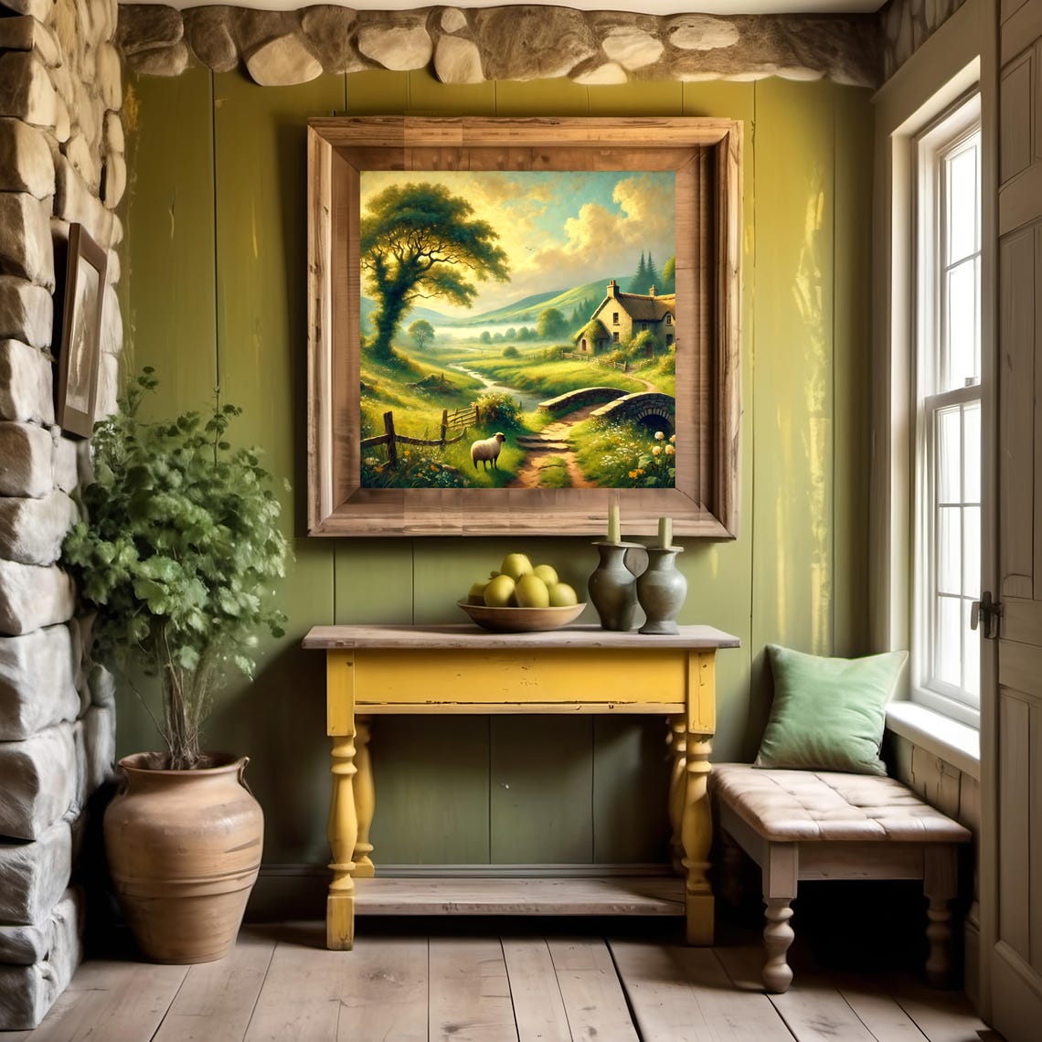 Irish Countryside Thatched Cottage Sheep Stream Golden Morning Poster - Image 2