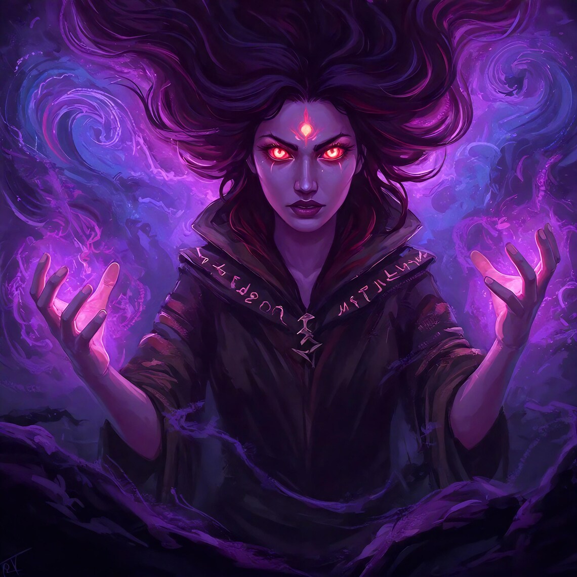 Dark Sorceress Purple Arcane Magic Glowing Red Eyes Gothic Fantasy Poster
