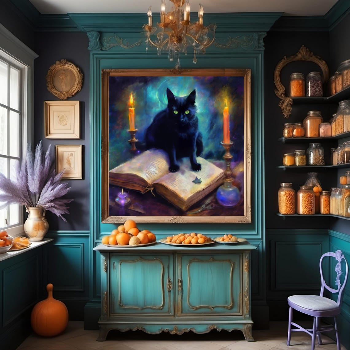 Black Cat Magic Book Candles Mystical Teal Witchy Halloween Poster - Image 3