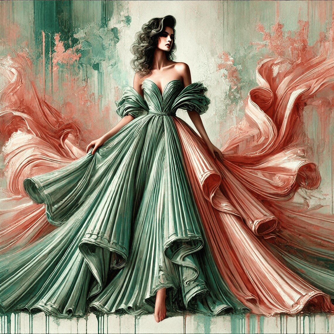 Sage Green Pleated Gown Silk Wings High Fashion Artistic Poster