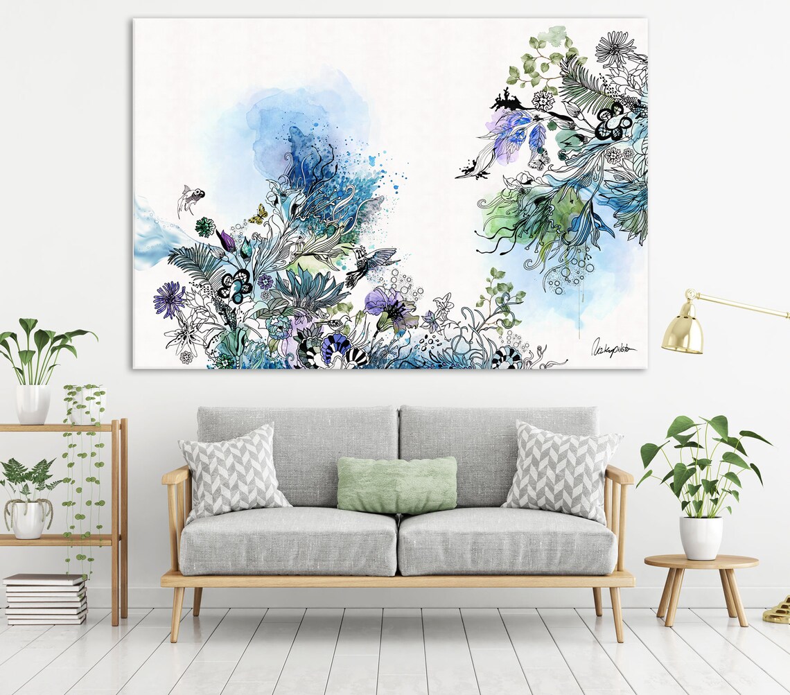 Large Blue Abstract Watercolor Boho Wall Art Print - Image 2