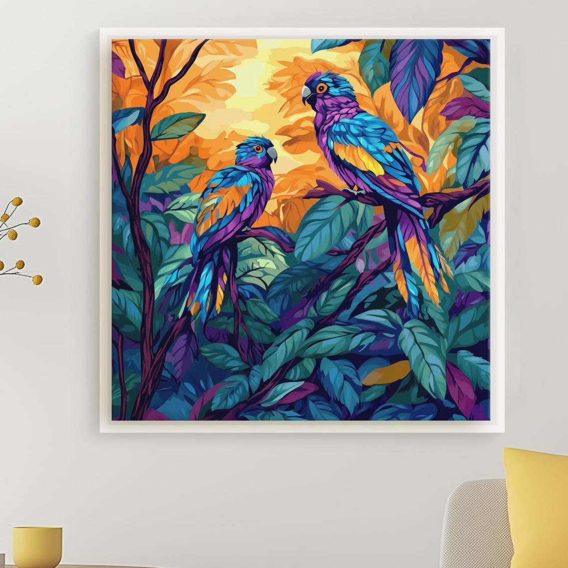 Colorful Parrots in Tropical Forest Vibrant Bird Artwork Poster