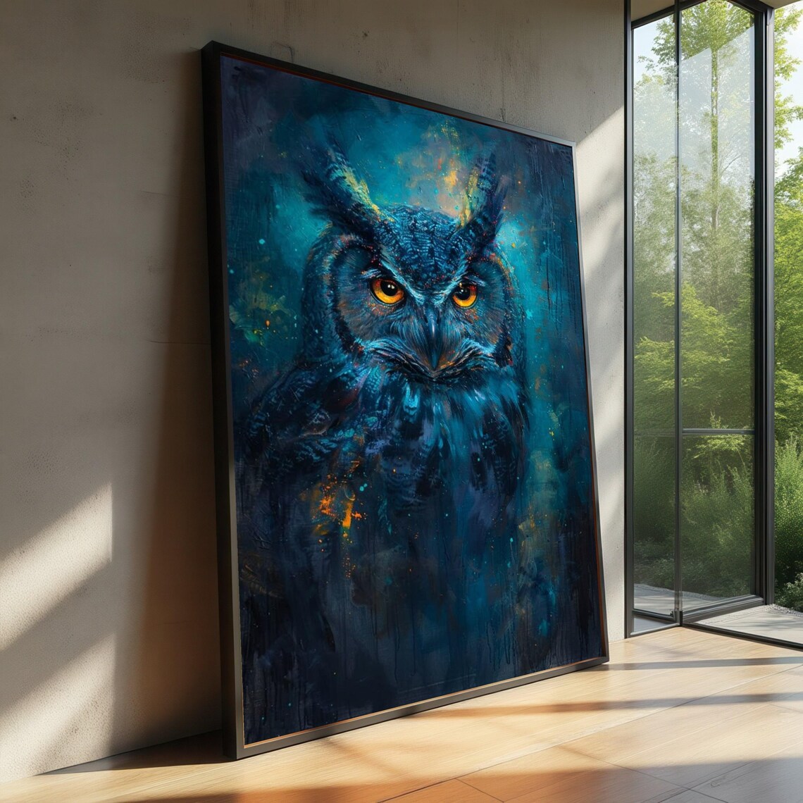 Blue Owl Art Print, Abstract Wildlife Portrait