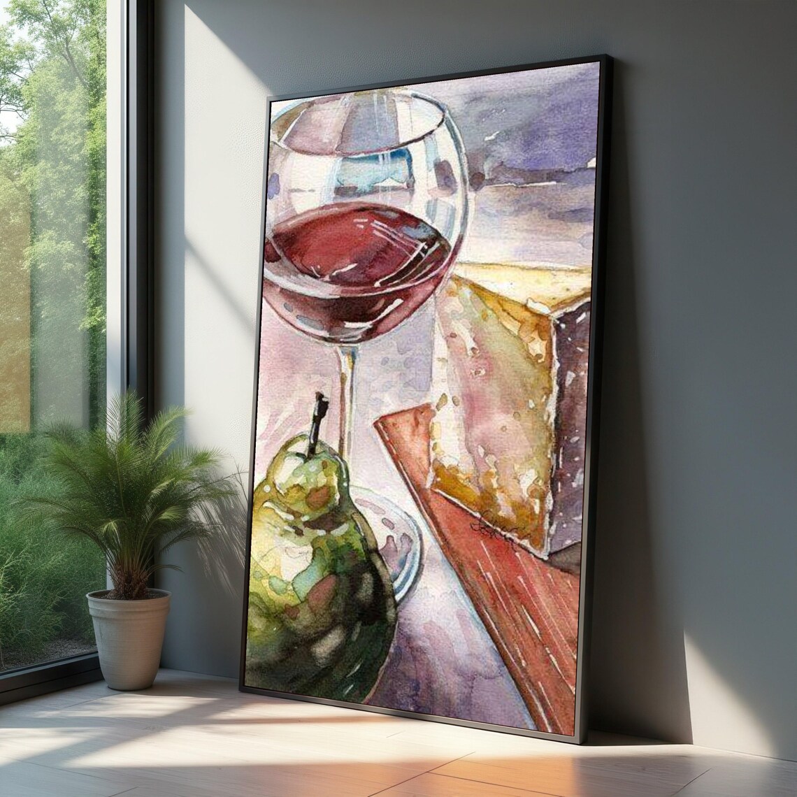 Wine And Cheese Still Life, Watercolor Kitchen Art Print