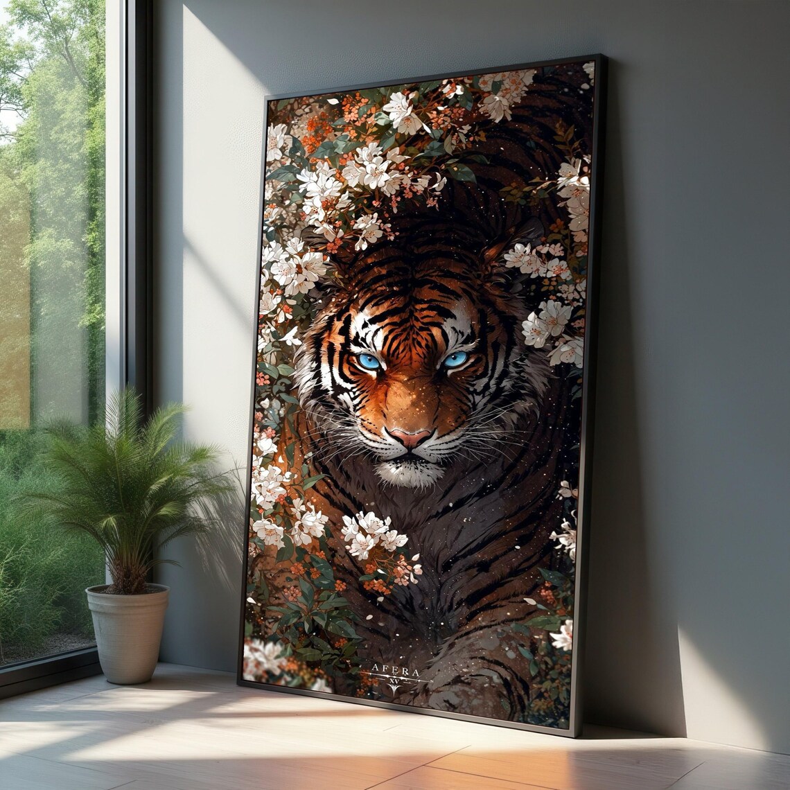 Majestic Tiger Blue Eyes Floral Jungle Wild Portrait Dramatic Art Poster