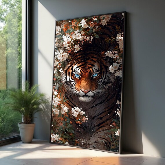 Majestic Tiger Portrait Canvas Blue Eyes Wildlife Art Floral Jungle Wall Decor Nature Animal Illustration Bold Safari
