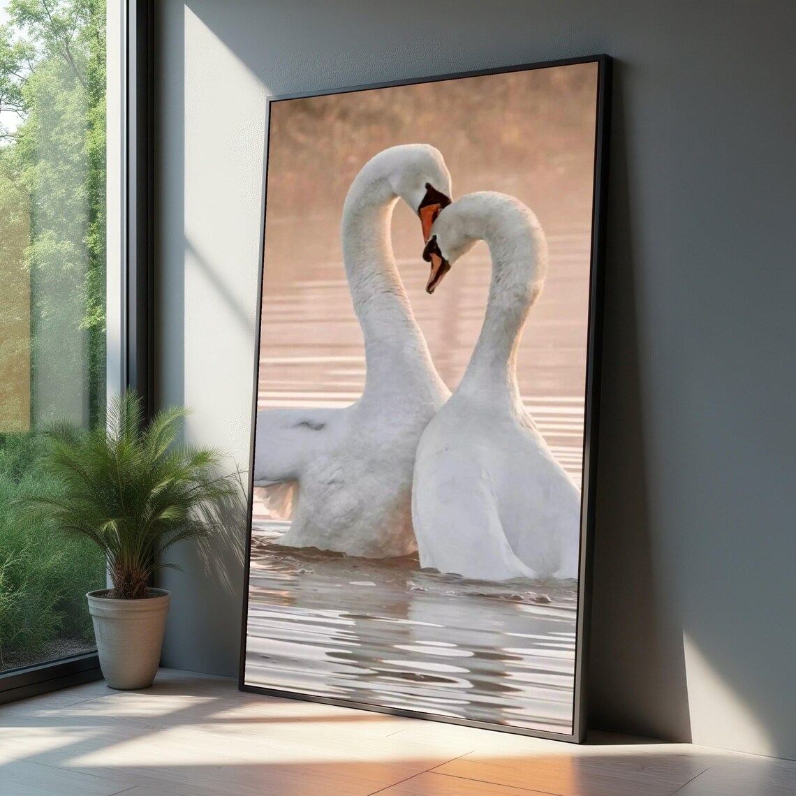 Elegant Swan Couple Heart Shaped Necks Romantic Waterfowl Lake Poster