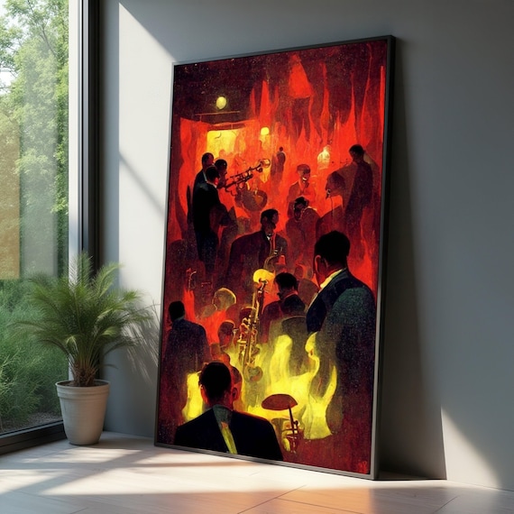 Fiery Vintage Jazz Club Musicians Smoky Night Scene Art Poster
