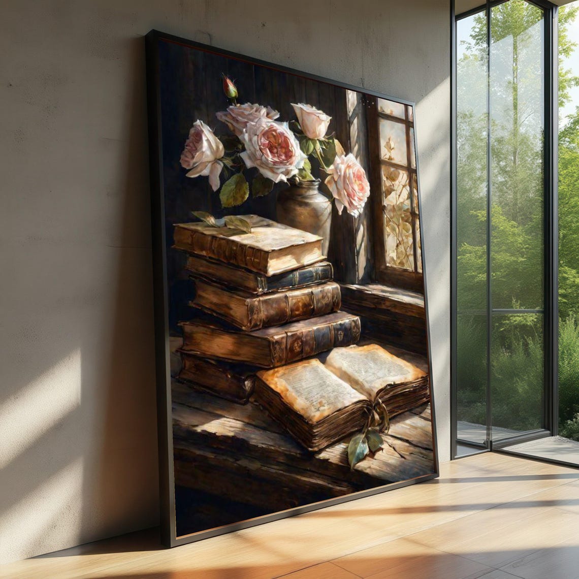 Vintage Books Roses Still Life Window Light Rustic Oil Painting Poster