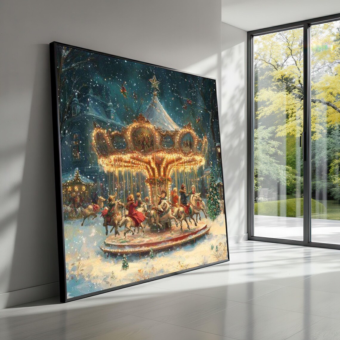 Vintage Christmas Carousel Snowy Night Golden Lights Holiday Poster