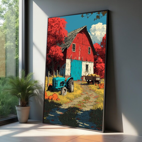 Rustic Red Barn Canvas Wall Art Vintage Tractor And Pumpkin Patch Autumn Farm Landscape Country Life Decoration Farmhouse