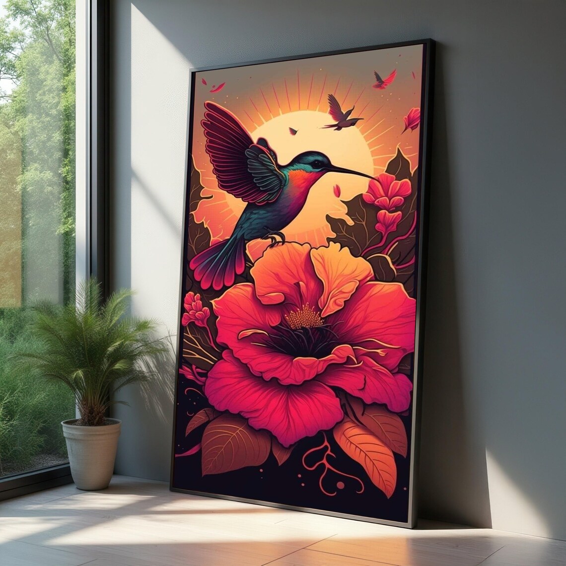 Hummingbird And Sunset Bloom Tropical Flower Coral Floral Bird Poster