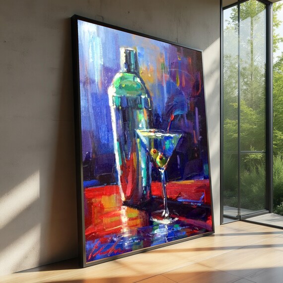Abstract Cocktail Shaker Martini Glass Blue Red Bar Art Poster