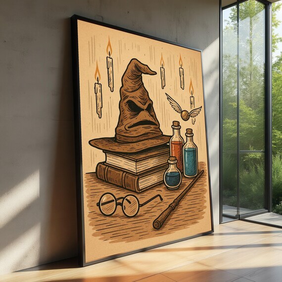 Magical Wizardry Still Life Witch Hat Canvas Art Potion Bottles Illustration Fantasy Wall Decor Spellbook And Wand Artwork