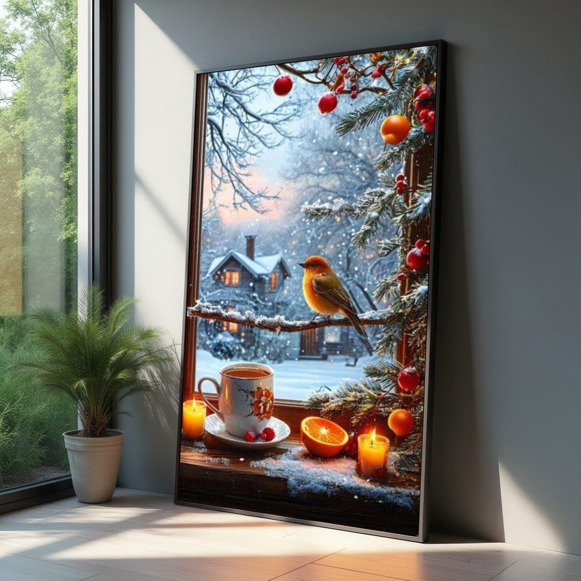 Cozy Winter Morning Robin Bird Window Tea Candle Scene Poster