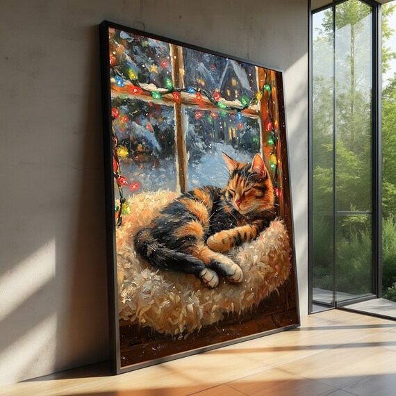 Sleeping Cat On Winter Window Ledge With Christmas Lights Art Print