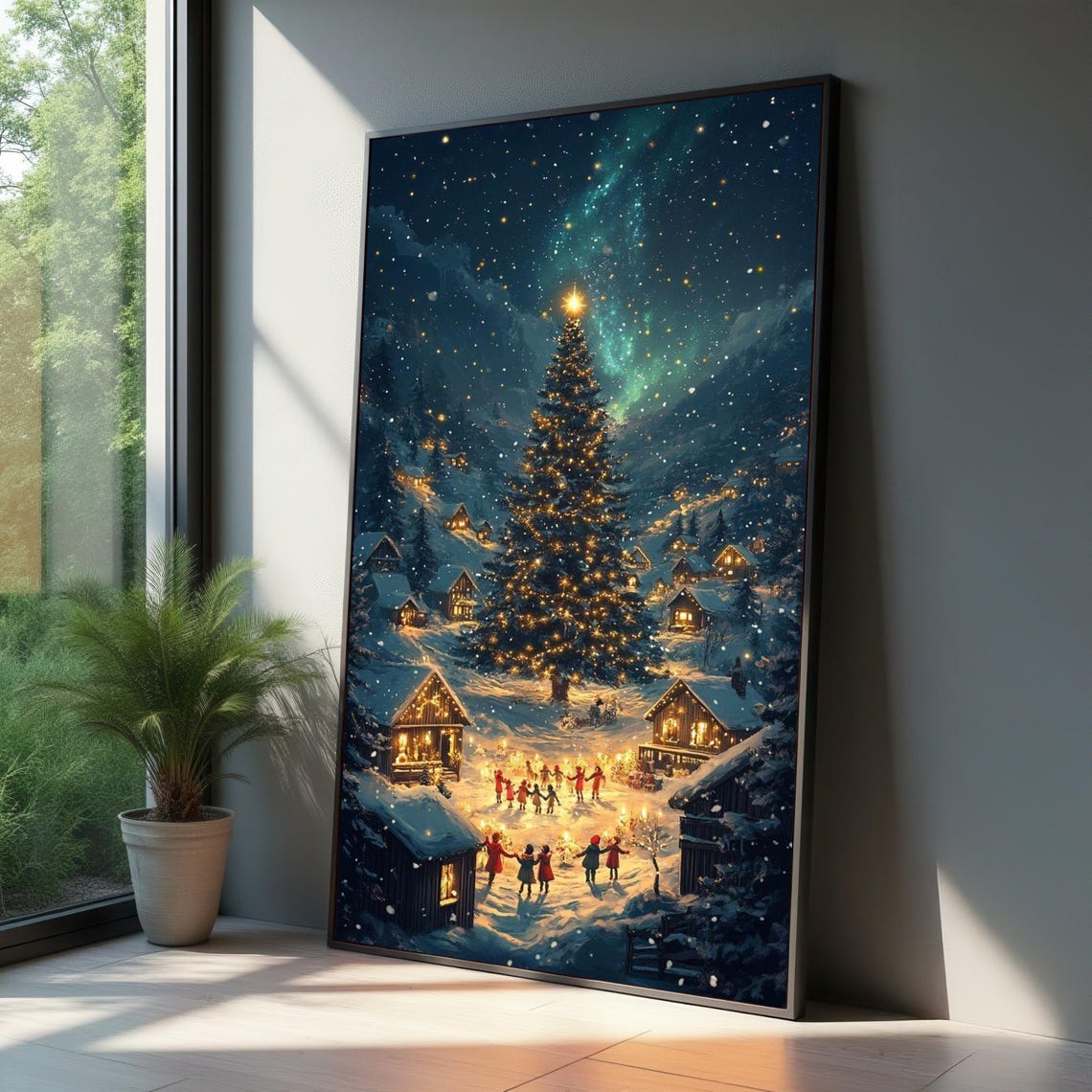 Enchanted Christmas Village Giant Lit Tree Snowy Starry Night Poster