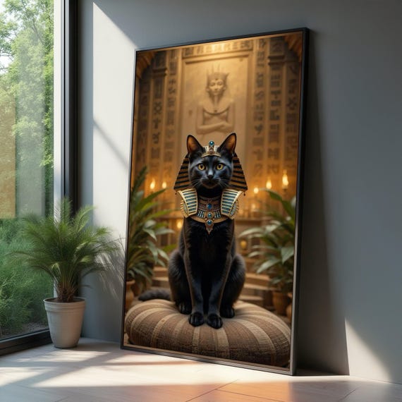 Black Cat in Egyptian Pharaoh Headdress Regal Feline Art Poster
