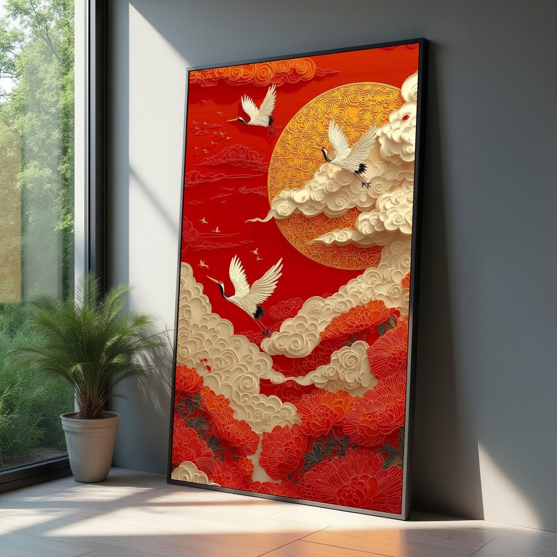 Red and Gold Asian Cranes Flying Over Peony Flowers Sun Poster