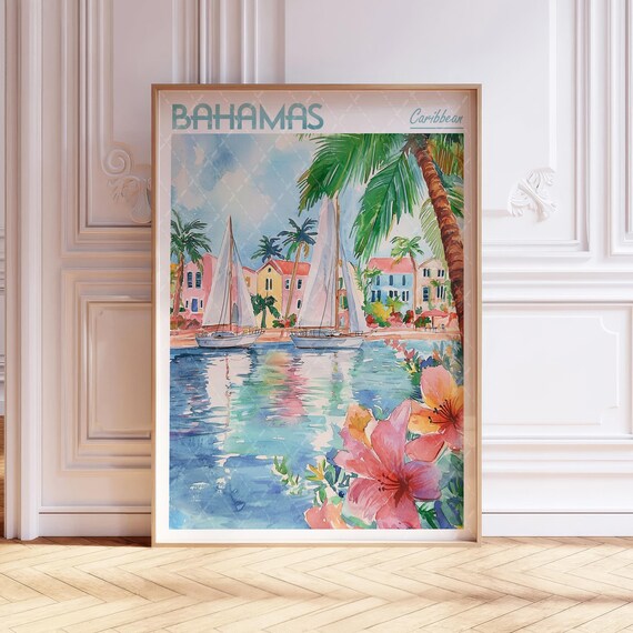 Bahamas Watercolor Poster World Cities Wall Art Tropical Travel City Pastel Colors