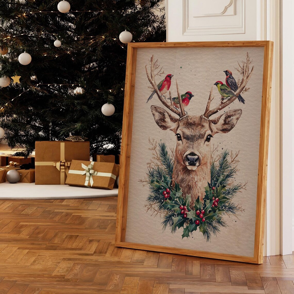 Christmas Deer Watercolor Illustration, Holiday Decor