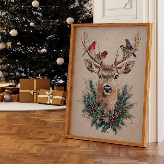 Christmas Deer Watercolor Illustration, Holiday Decor