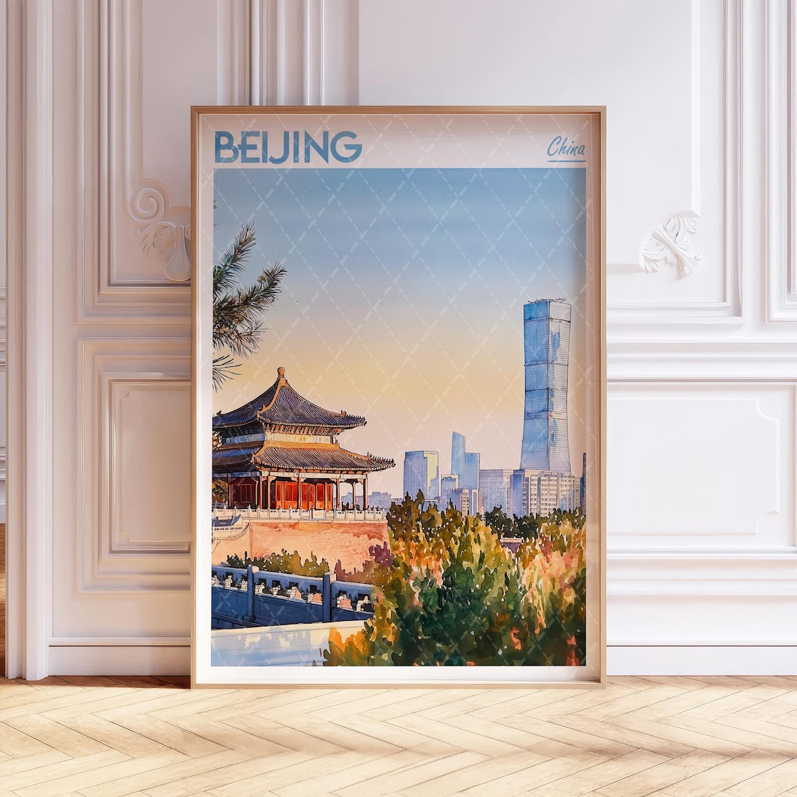Beijing China Watercolor Pagoda And Modern Skyline City Travel Poster
