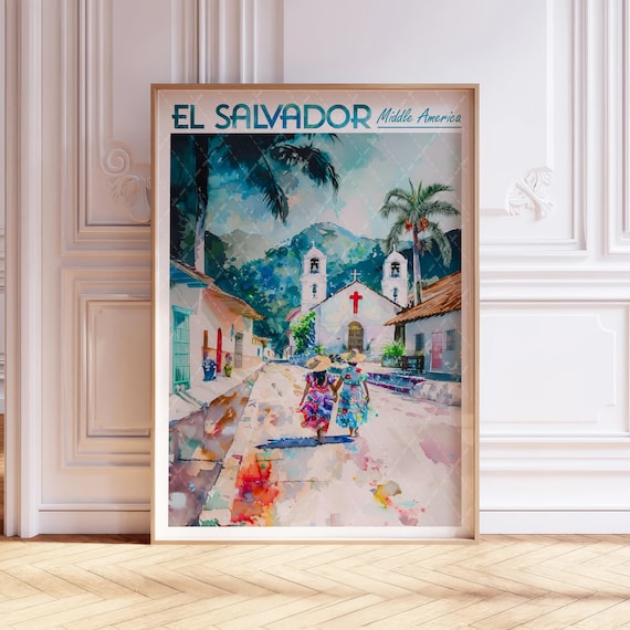 El Salvador Middle America Colonial Church Watercolor Travel Poster