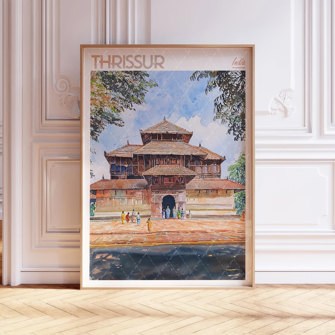 Thrissur India Historic Temple Facade Watercolor Travel Poster