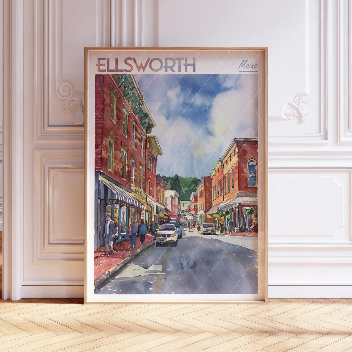 Ellsworth Maine Watercolor Travel Poster, Beach Scene