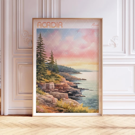 Acadia National Park Maine Rocky Granite Coast Watercolor Poster