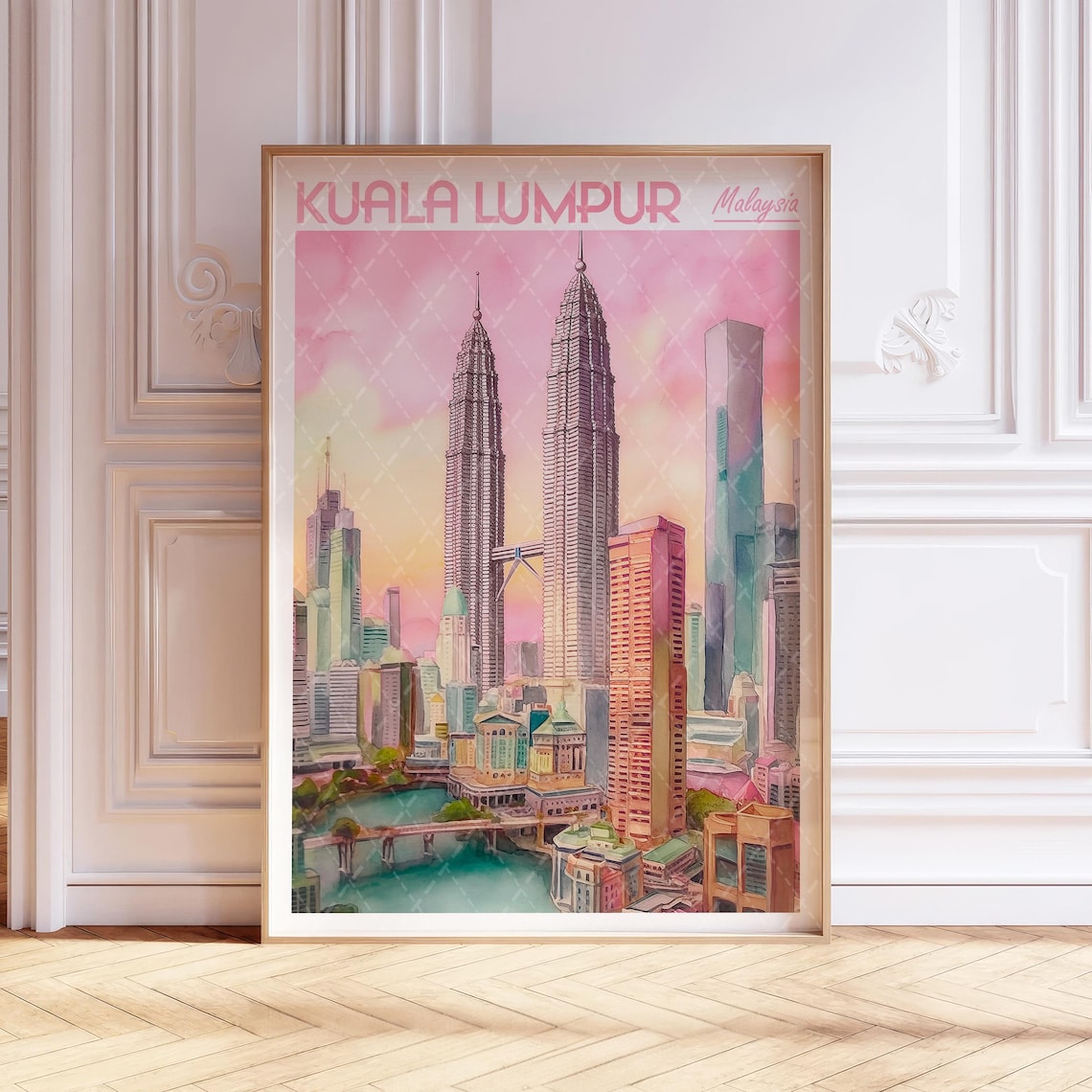 Kuala Lumpur Malaysia Petronas Twin Towers Watercolor Travel Poster