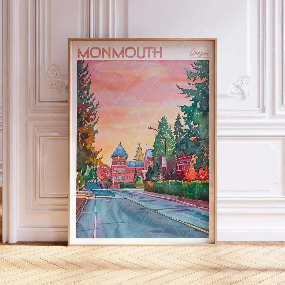 Monmouth Oregon Watercolor Travel Poster With Pink Sunset Sky