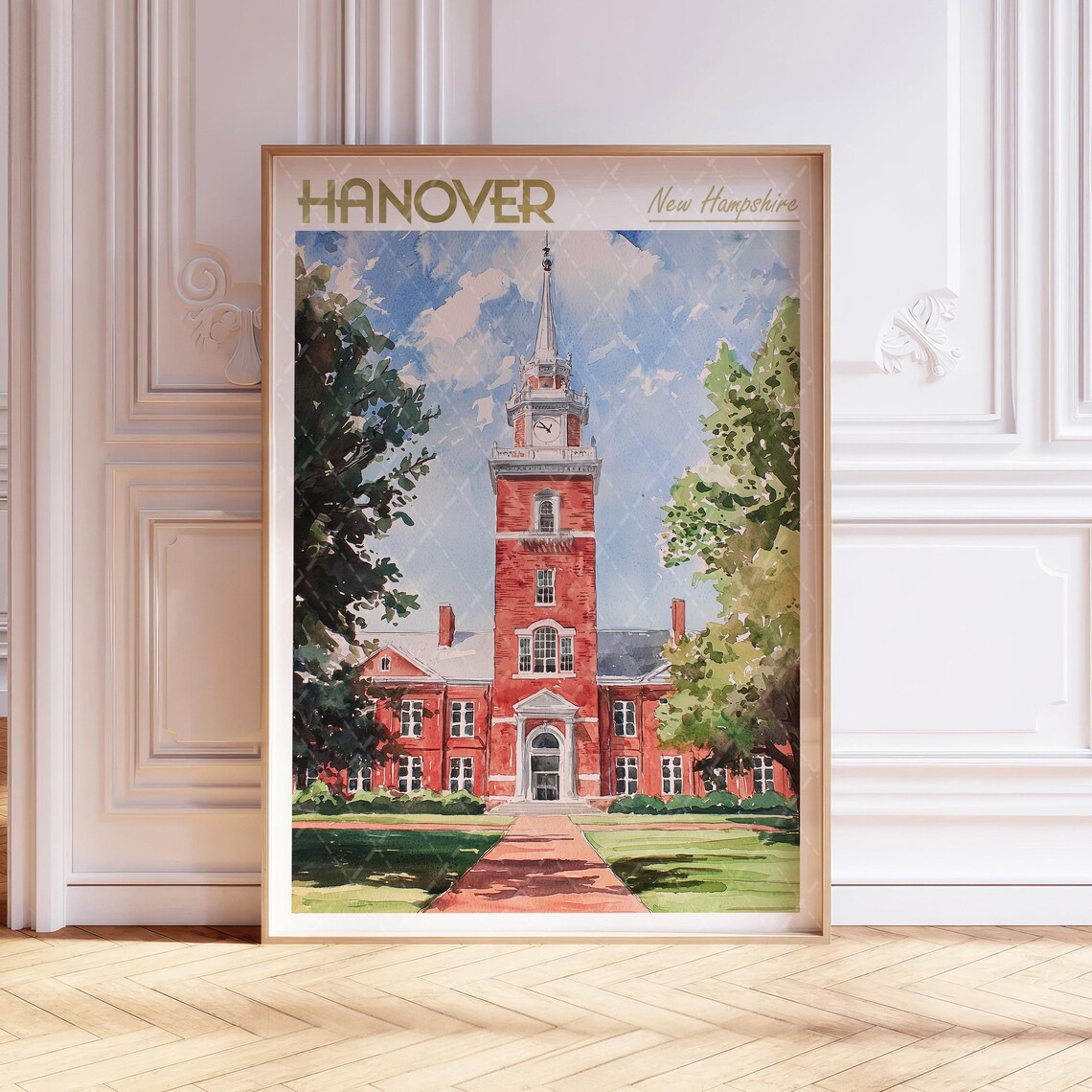 Hanover New Hampshire Watercolor Clock Tower Travel City Poster